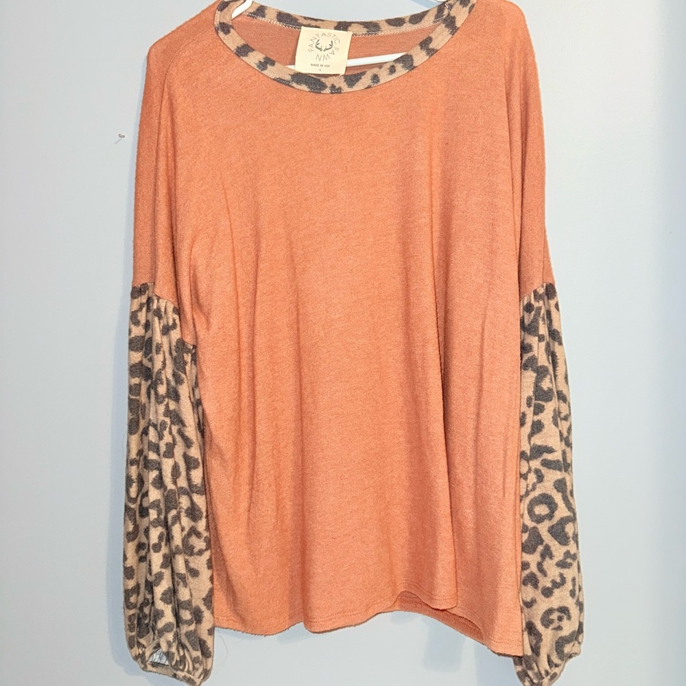 Fantastic Fawn Orange Top with Leopard Print Sleeves